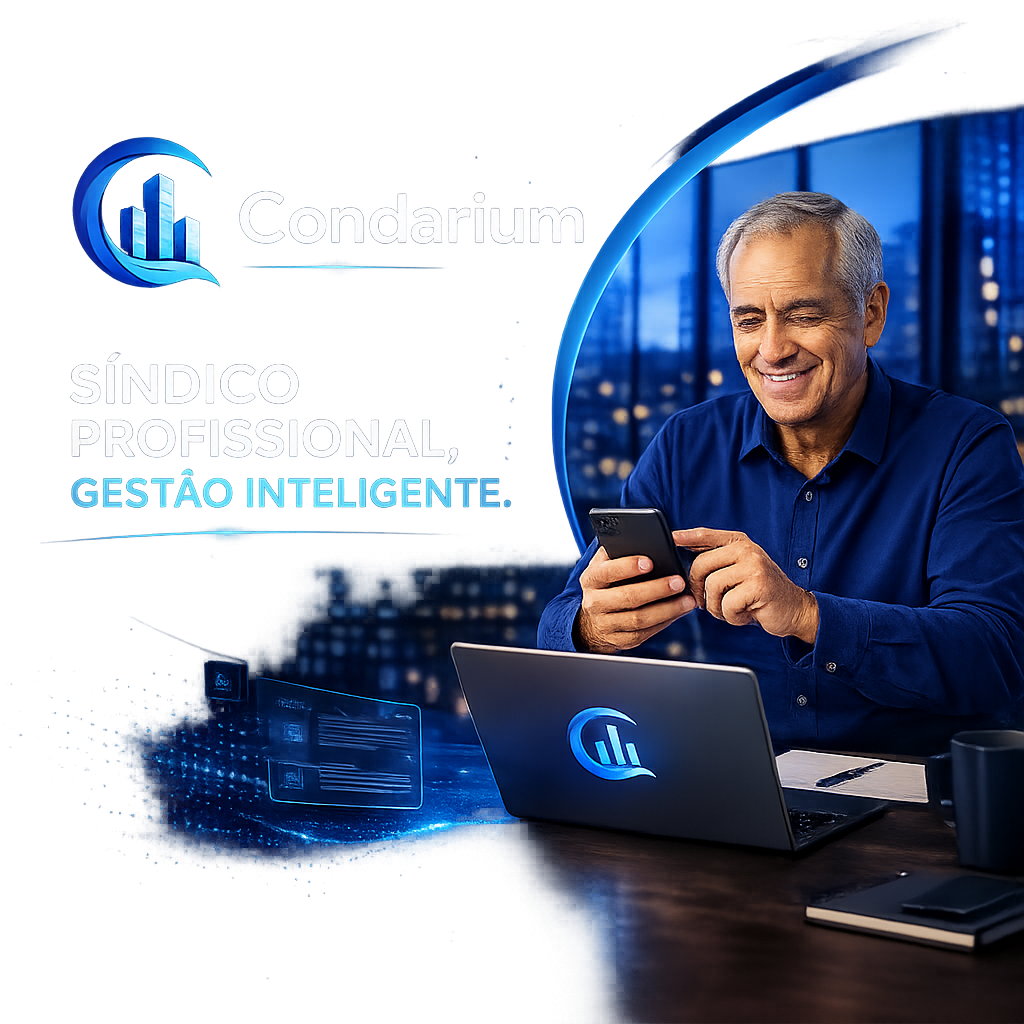 Síndico profissional usando o Condarium no laptop